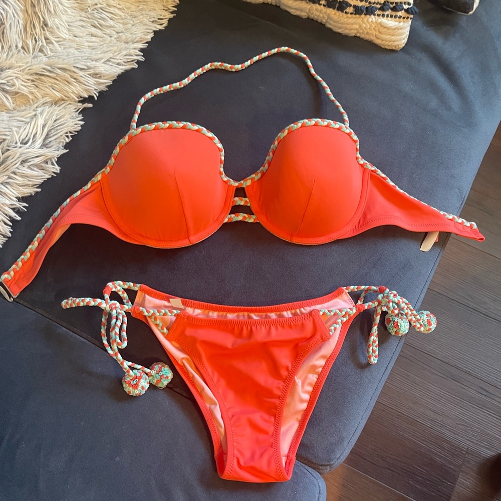 Vibrant Coral Bikini Set with Braided Straps